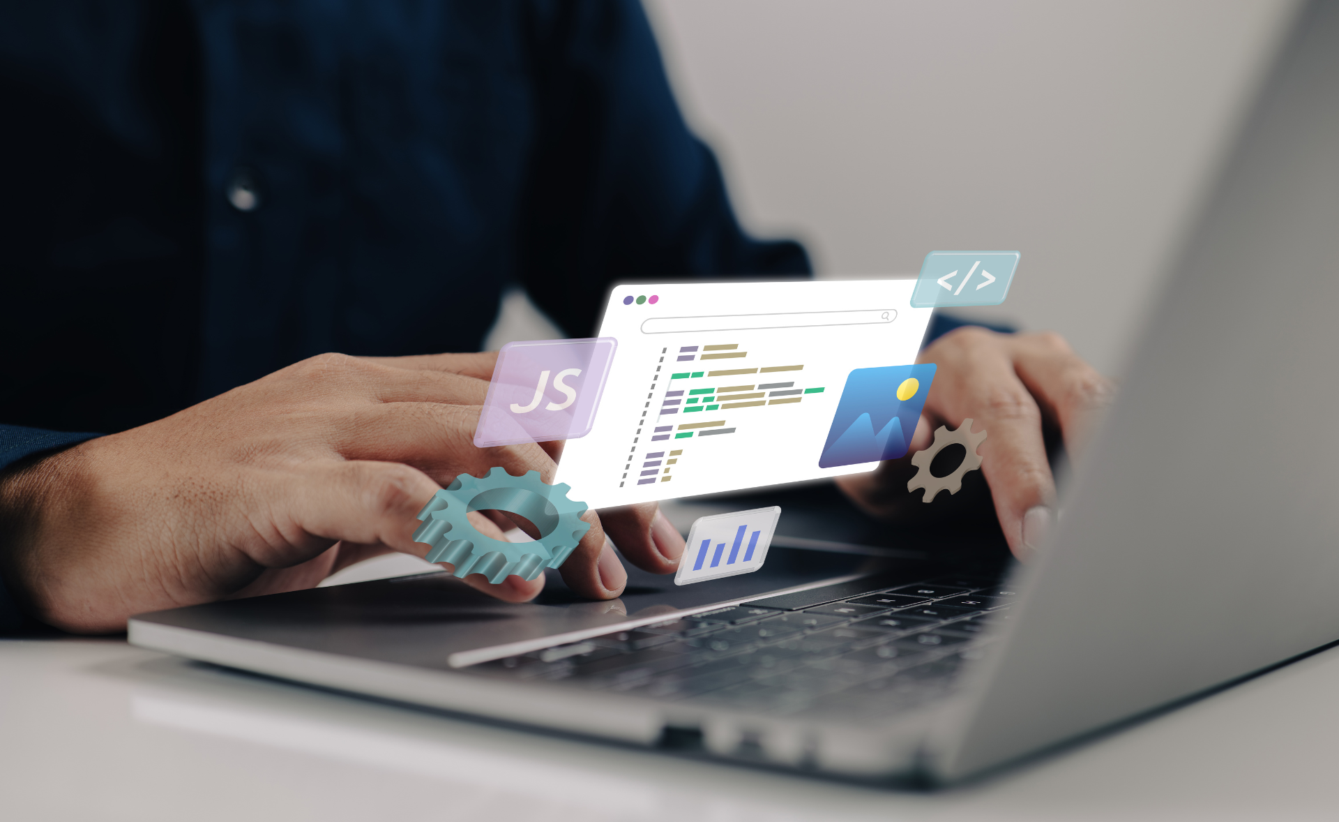 Person typing on Laptop with website maintenance Icons